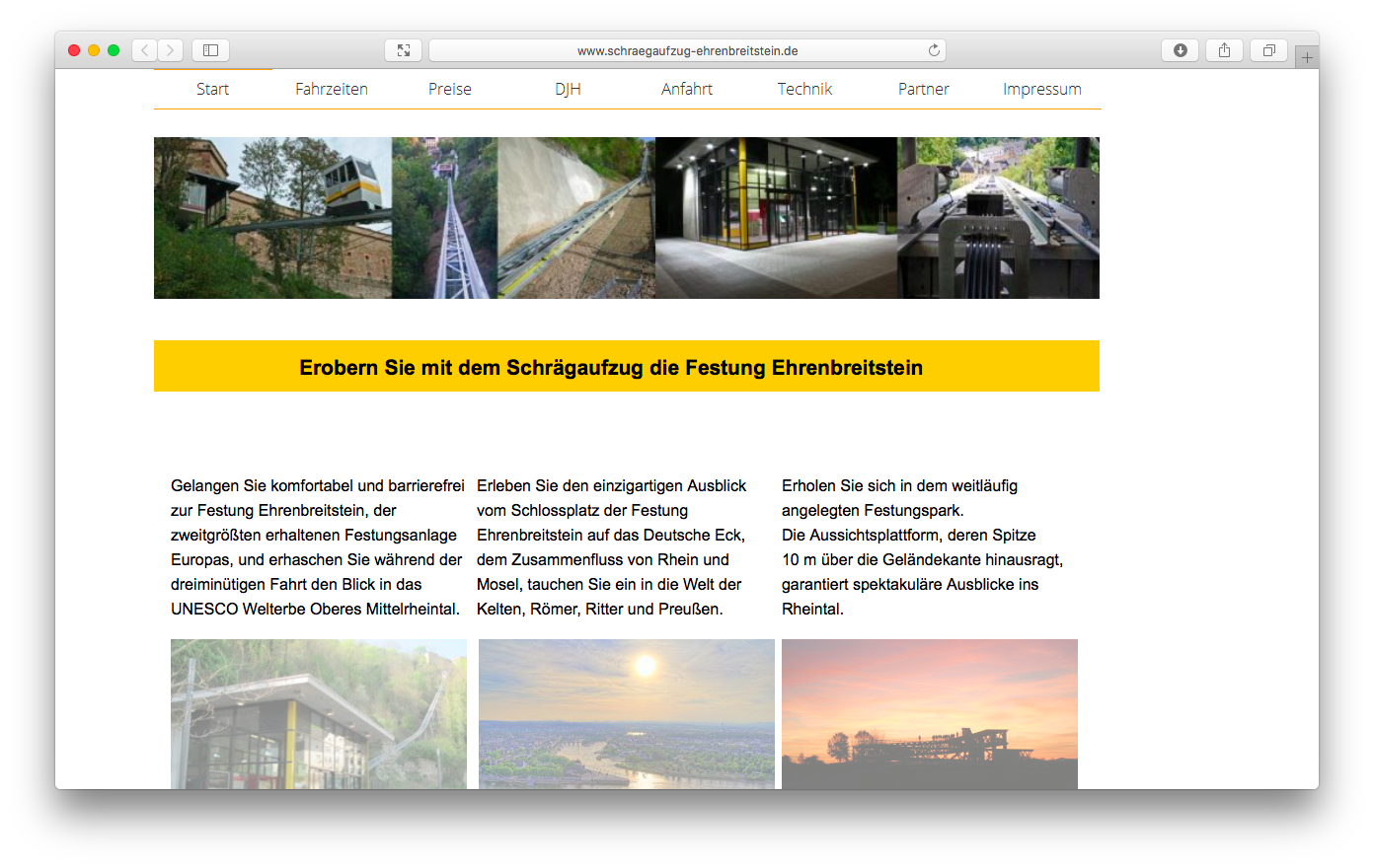 Screenshot der Schrägaufzug Homepage