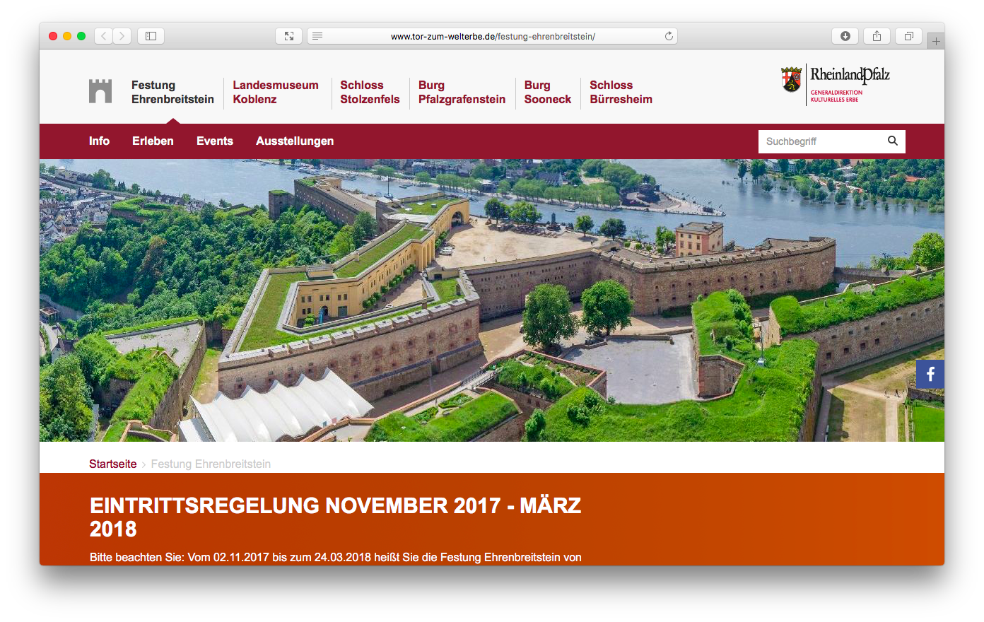 Screenshot der Festung Ehrenbreitstein Homepage