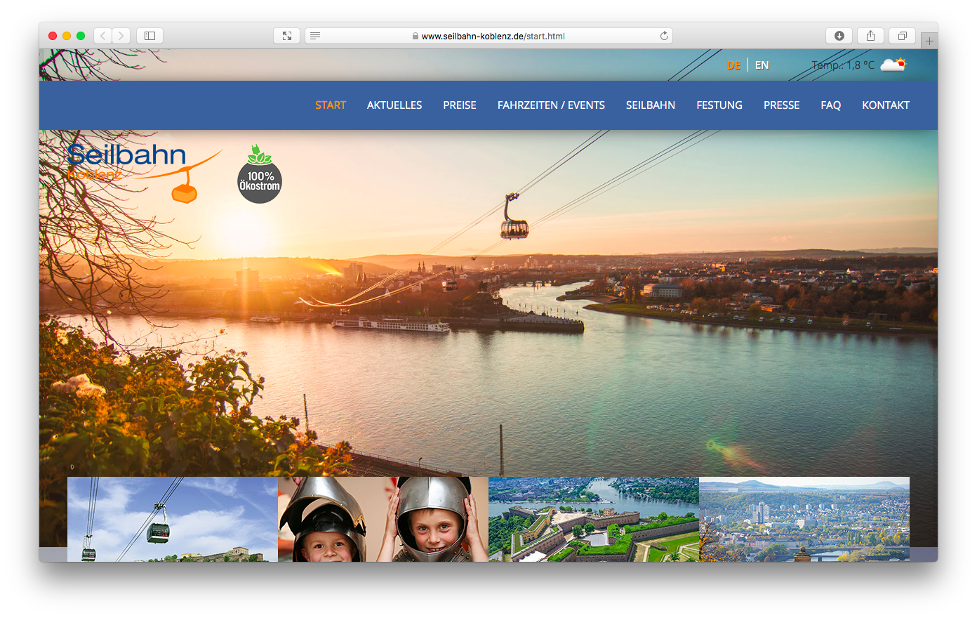 Screenshot der Seilbahn Homepage